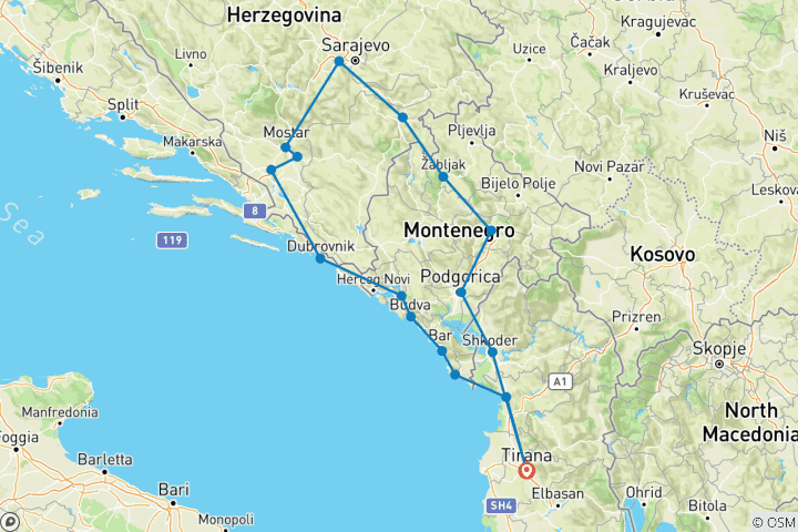 Map of Western Balkan Explorer Tour “Blue Route”