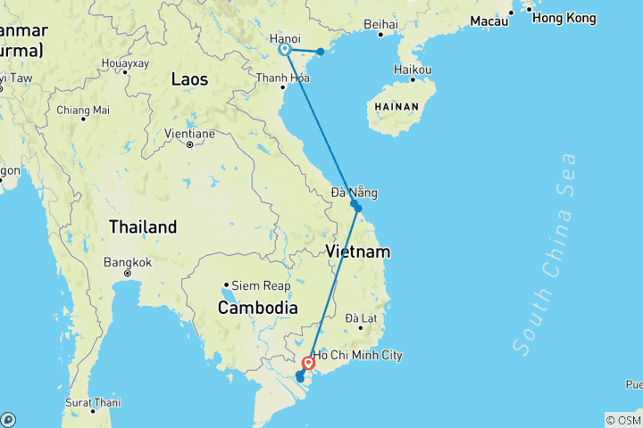 Carte du circuit Highlight Vietnam 7 jours 6 nuits - Hanoi, Da Nang, Hoi An et Ho Chi Minh Ville, Delta du Mékong