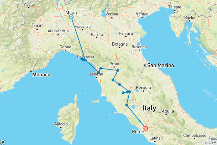 Carte du circuit Circuit de 6 jours en petit groupe au départ de Milan : Cinque Terre, Florence et les saveurs de la Toscane