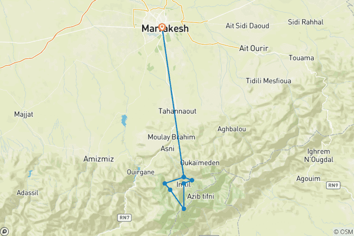 Carte du circuit Boucle de 5 jours dans l'Atlas : Sommet du Toubkal et vallées cachées