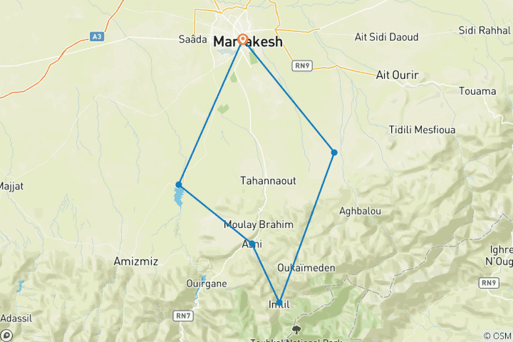 Carte du circuit Aventure cycliste de 5 jours dans le Haut Atlas : Explorez les vallées d'Imlil et d'Ourika depuis Marrakech