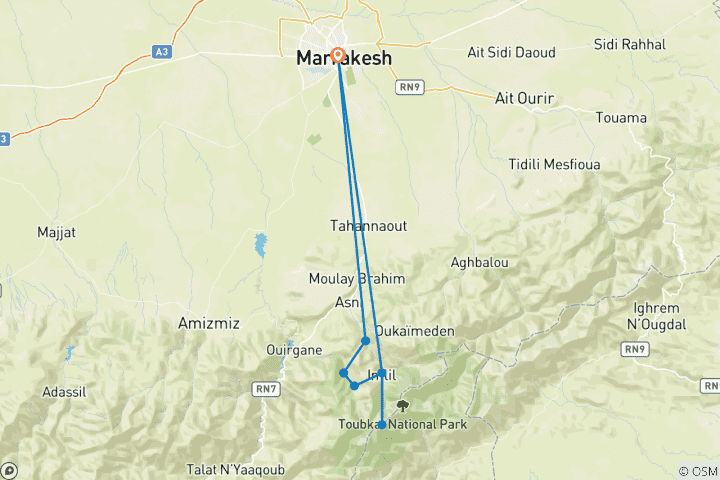 Karte von 6-tägiger Toubkal-Gipfel-Trek über verborgene Berberdörfer