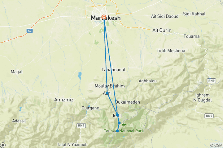 Map of 2 Days Trek  Mt Toubkal