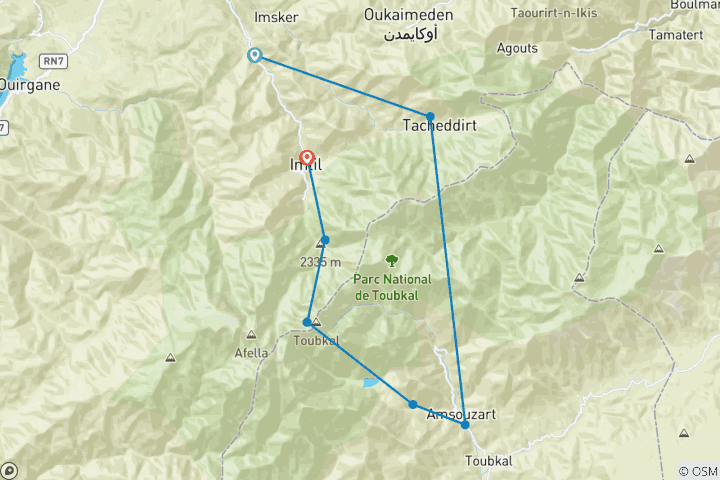 Carte du circuit 7 jours dans les montagnes de l'Atlas ⛰️ Mount. Toubkal SUMMIT Trek - Excursion privée guidée par des locaux.