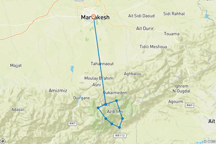 Carte du circuit Circuit guidé de 7 jours au Toubkal - Explorez le toit du Maroc et ses vallées reculées