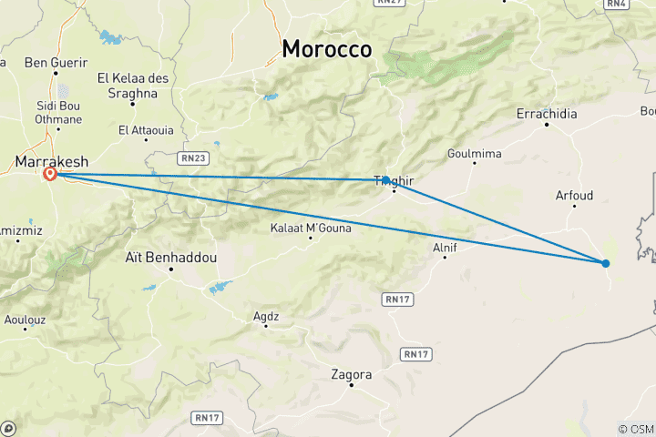 Map of From Marrakech: 3-Day Merzouga and Sahara Desert Tour