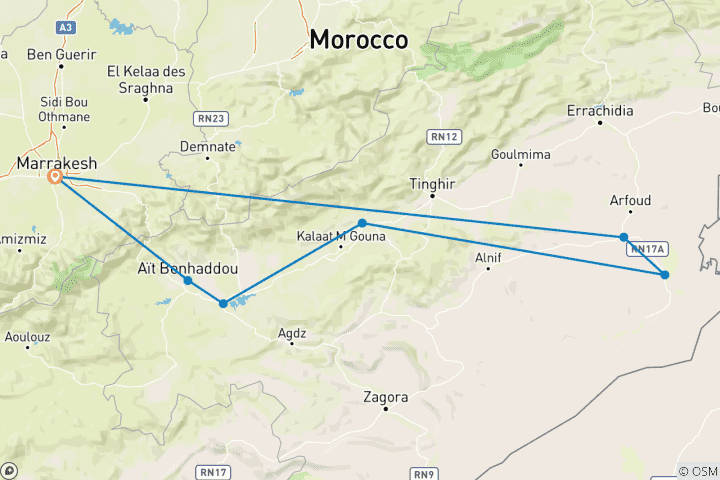 Map of 4 Days tour  high Atlas Mountains to Sahara Desert