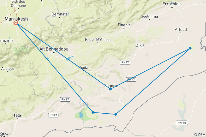 Map of 7-Day Deep Sahara Desert Camel Trek – Itinerary