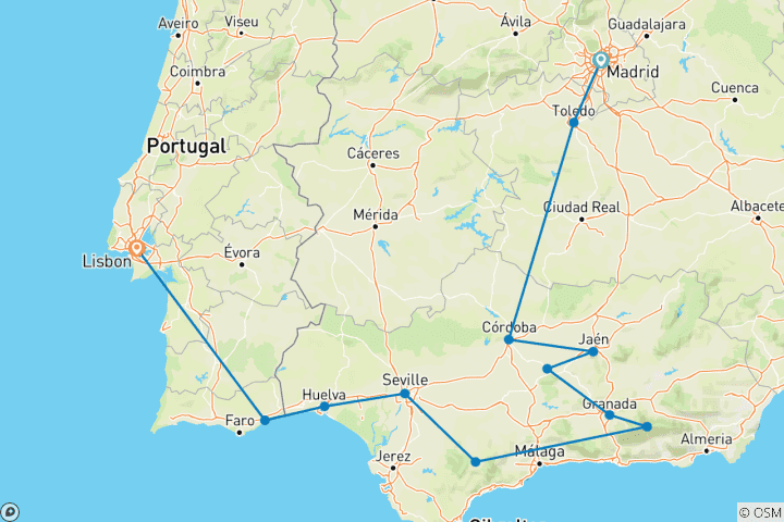 Carte du circuit Circuit de 6 jours en petit groupe au départ de Madrid pour découvrir le sud de l'Espagne et les trésors de l'Andalousie