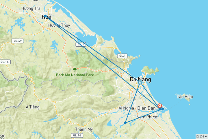 Carte du circuit Découvrez le centre du Vietnam 7 jours 6 nuits (Da Nang - Hue - Golden Bridge - Hoi An- Da Nang)