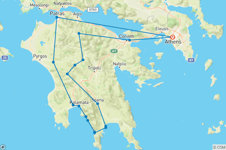 Karte von Wandern auf dem Peloponnes von Norden nach Süden -E4