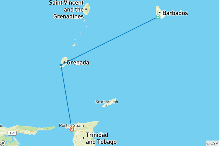 Kaart van Work+Travel Barbados, Grenada en Trinidad en Tobago (3 maanden)