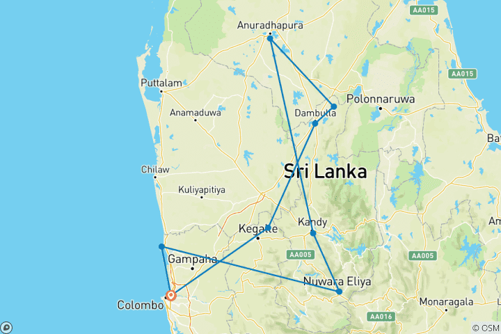 Map of 4 Day Sri Lanka Itinerary