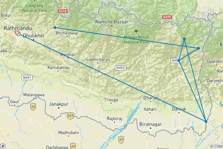 Kaart van Kanchenjunga Zuid-Basiskamp Trek 16 dagen