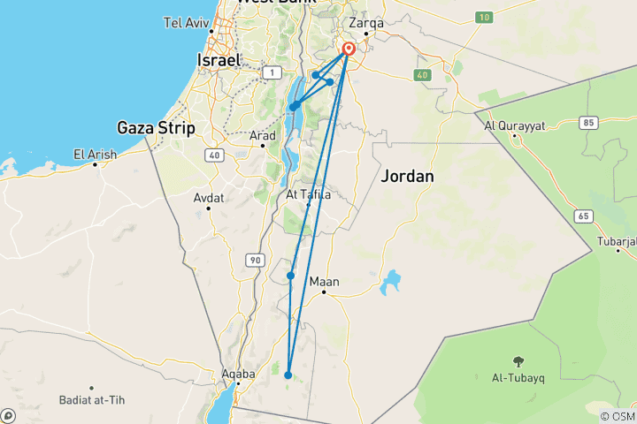 Map of 2 Days Trip from Amman - Petra, Wadi Rum, Dead Sea , Mt. Nebo & Madaba