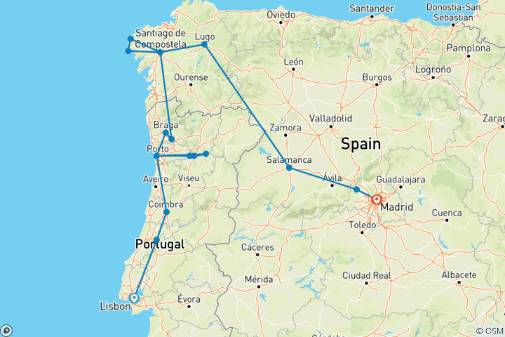 Carte du circuit Circuit en petit groupe de 6 jours au départ de Lisbonne pour découvrir les charmes du Portugal et du nord- ouest de l'Espagne