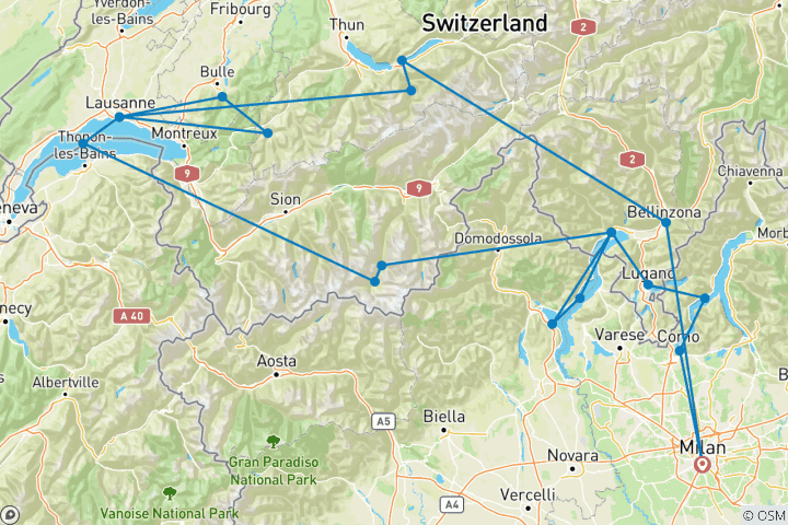 Carte du circuit Circuit en petit groupe de 6 jours au départ de Milan pour explorer les lacs italiens et les Alpes suisses