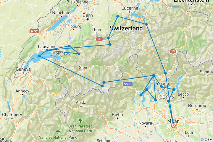 Kaart van 6-daagse Italiaanse Meren & Zwitserse Alpen Verkenningstocht in kleine groep vanuit Milaan