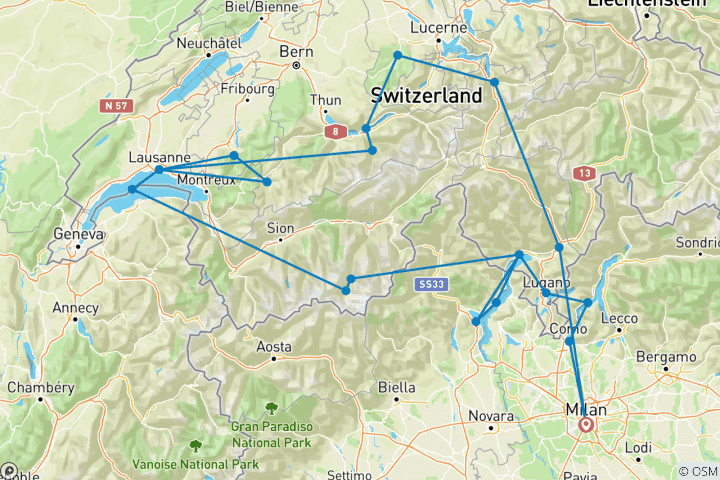 Kaart van 6-daagse Italiaanse Meren & Zwitserse Alpen Verkenningstocht in kleine groep vanuit Milaan