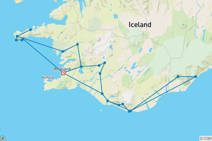 Carte du circuit Circuit d'hiver de 5 jours en minibus : Grotte de glace bleue, Snæfellsnes, Cercle d'or, Côte sud et aurores boréales