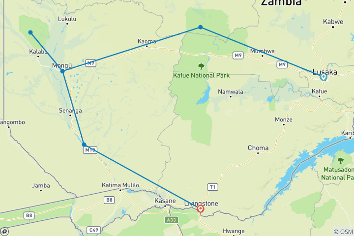 Map of Wild West Zambia 15 Days/14 Nights