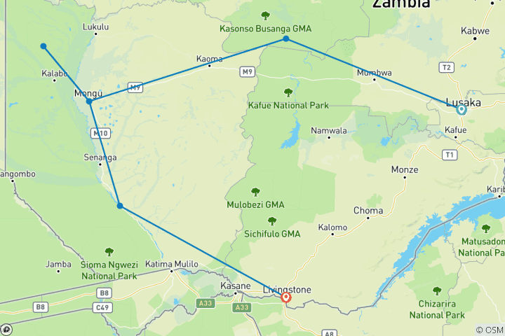 Carte du circuit L'Ouest sauvage de la Zambie 15 jours/14 nuits