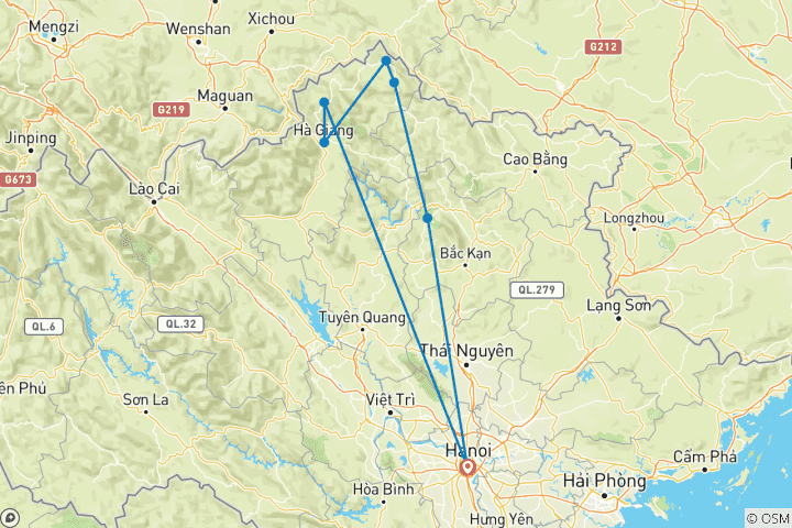 Kaart van Trektocht over de noordelijke paden van Vietnam - 9 dagen