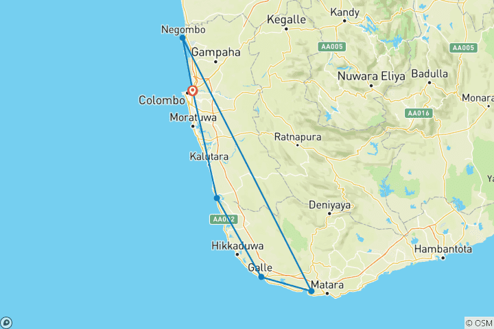 Map of 5 Day Sri Lanka Itinerary