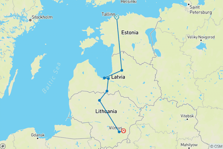 Carte du circuit Point forts des Etats des Baltic - Tallinn- Vilnius - Tour privé - 8 jours