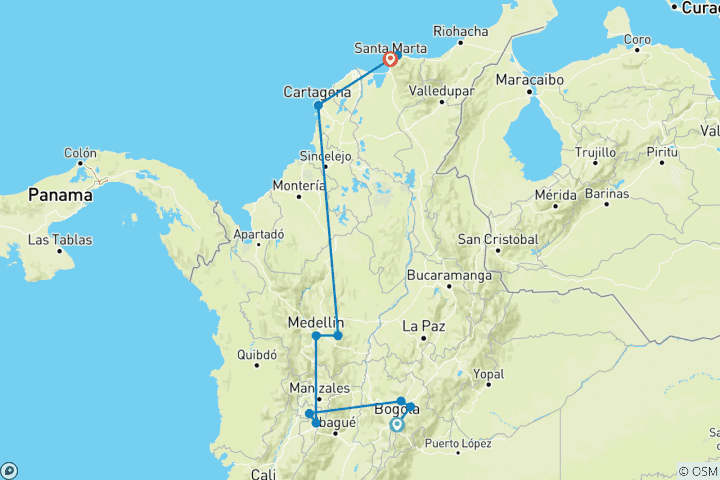 Map of Best of Colombia 11 Days Tour