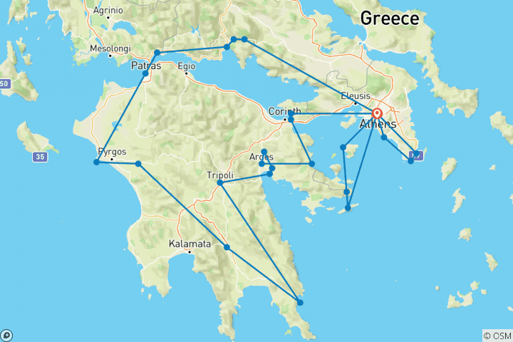 Mapa de Las Rutas del Vino del Sur de Grecia (9 días - grupo pequeño con acompañamiento, culinario, cultural)