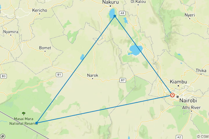 Map of 4 Day Masai Mara & Lake Nakuru Group Joining Budget Camping Safari - Daily Departures