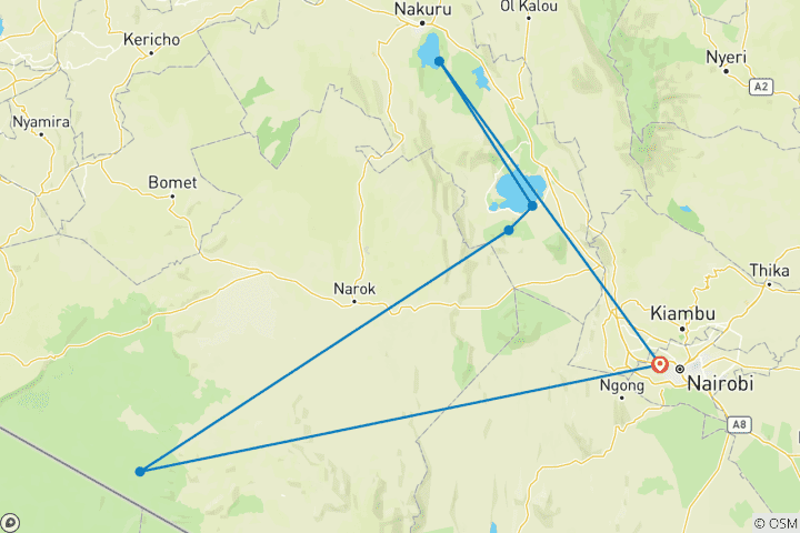 Map of 5days Hell's Gate, Lake Naivasha, Lake Nakuru & Masai Mara Mid-Range Lodge Safari