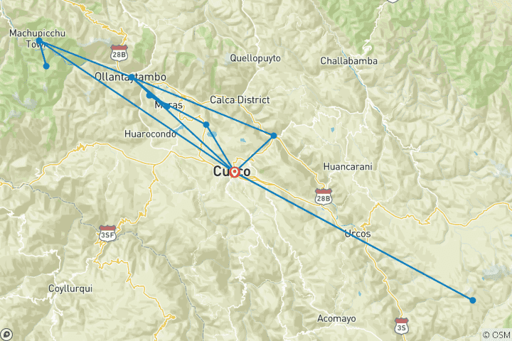 Map of 6 days - Cusco & Rainbow Mountain backpacker package