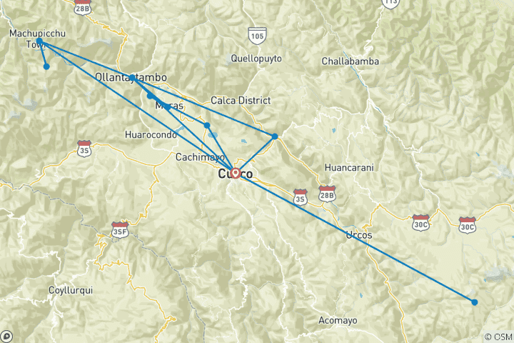 Mapa de 6 días - Paquete mochilero Cusco y la Montaña arcoíris