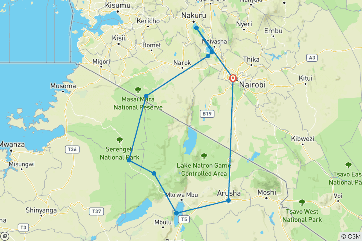 Map of 11 Days Best of Kenya & Tanzania Private 4 X 4 Luxury Safari- Hot Air Balloon Safari Experience- High End