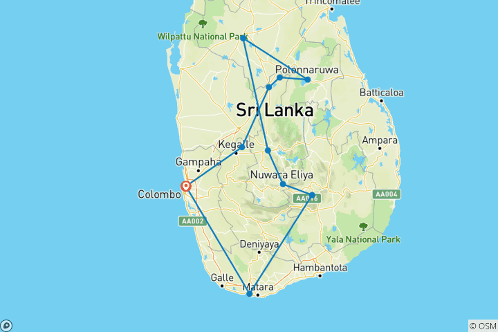 Map of 8 Day Itinerary Sri Lanka