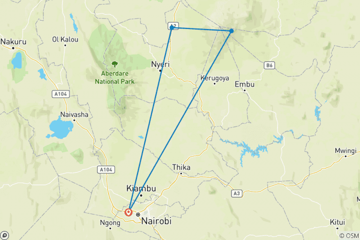 Map of 5-Days Mount Kenya Climbing Through Sirimon- Naro Moru Route