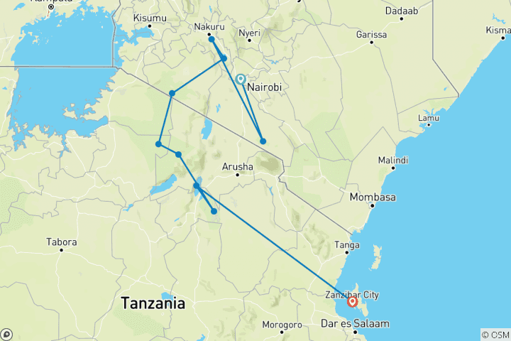 Carte du circuit 15 jours de safari spectaculaire au Kenya et en Tanzanie avec vacances à la plage à Zanzibar