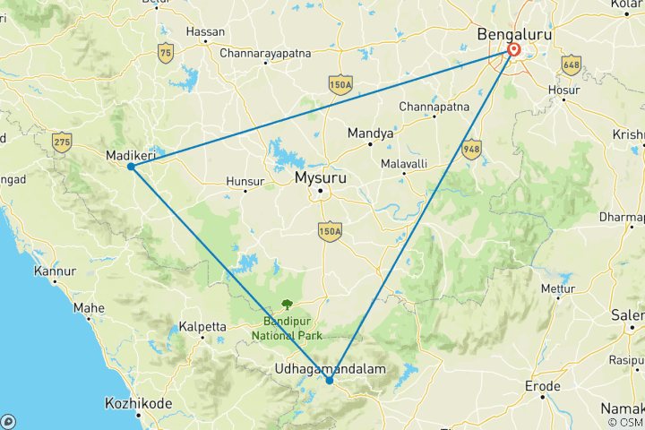 Mapa de Coorg - Ooty vacaciones especiales