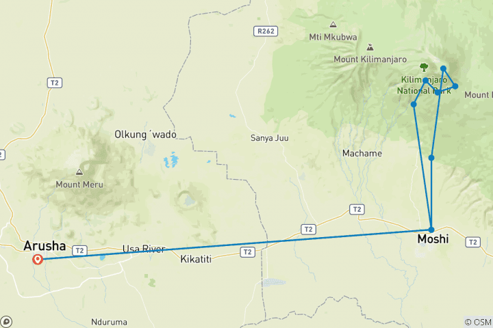 Map of 8-Days Mount Kilimanjaro Climbing Through Umbwe Route