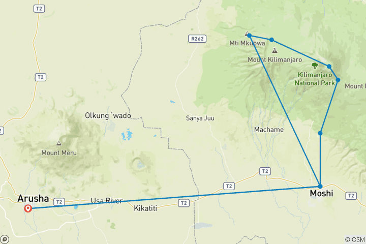 Mapa de 10 días de escalada al Kilimanjaro por la ruta Lemosho