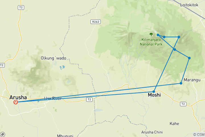 Map of 7 Days Mount Kilimanjaro Climbing Through Rongai Route