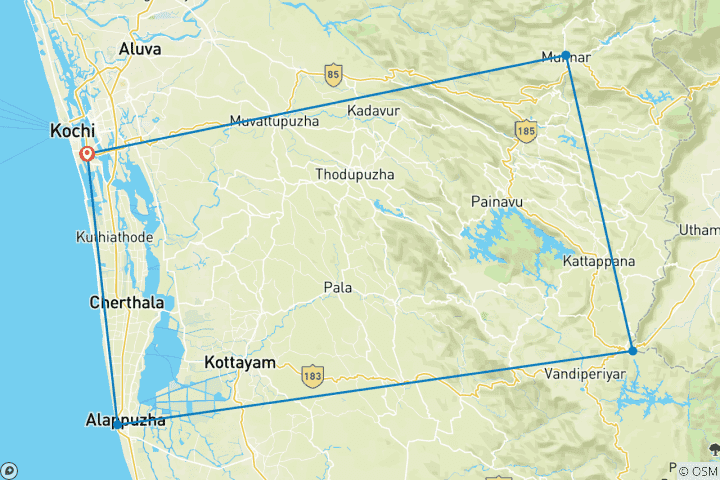 Karte von Cochin nach Munnar, Thekkady & Alleppey