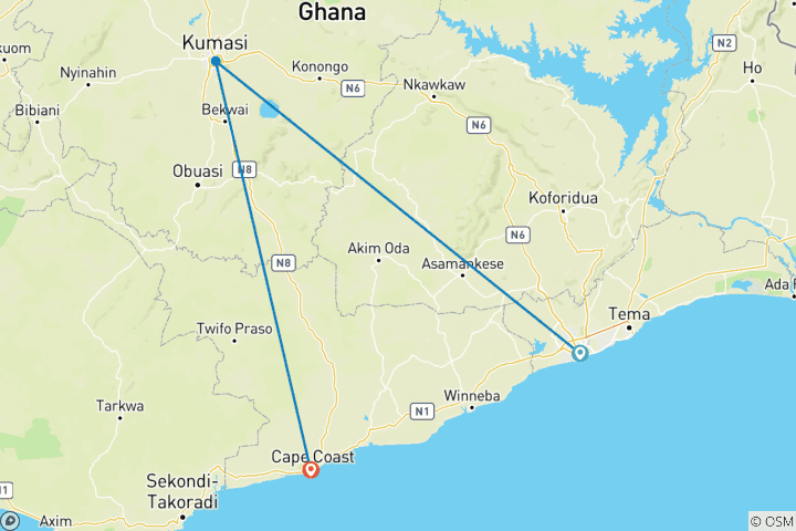 Map of 4 Days Tour in Ghana