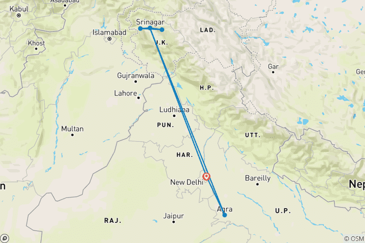 Map of Majestic Himalayan Trails: Valley of Kashmir with Taj Mahal