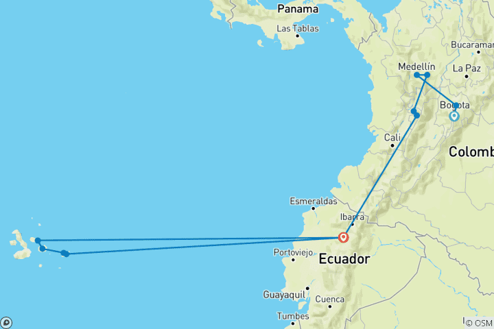Mapa de Colombia y Galápagos exprés 13 días