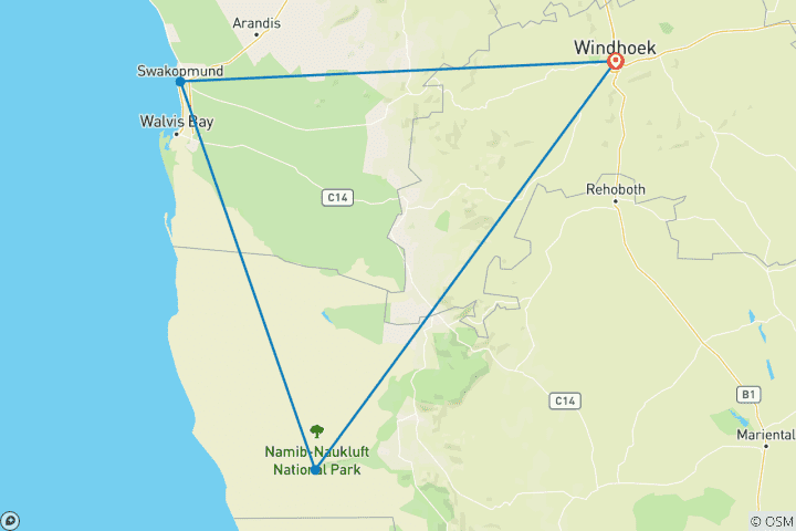 Carte du circuit Circuit de 5 jours avec hébergement à Sossusvlei et sur la côte