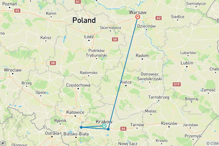 Map of 3 days in Krakow and 3 days in Warsaw (transfers, tours and accommodation)