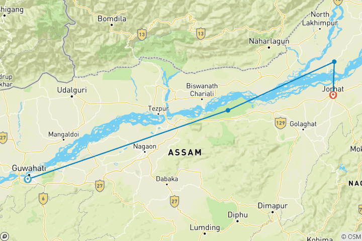 Kaart van Expeditie naar Guwahati, Kaziranga & Majuli – mijmering aan de rivier